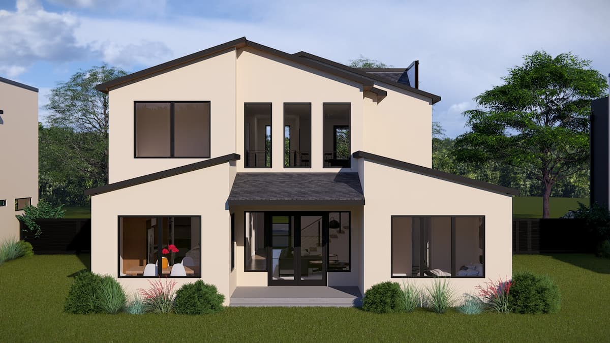 Modern two-story house with large windows and landscaped front yard at Minerva Heights.