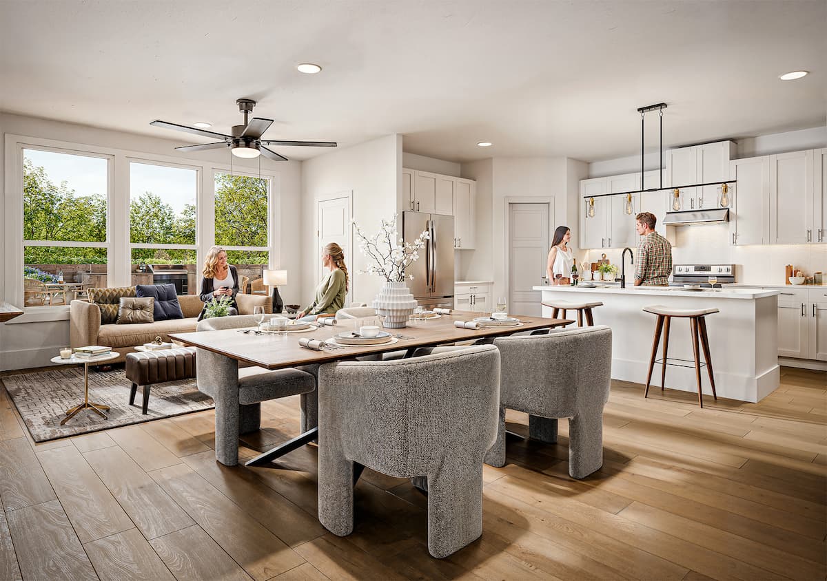 Bright, spacious kitchen and living room with large windows and contemporary furnishings.